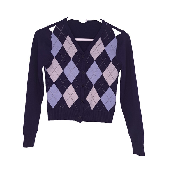 Shein Juniors Cardigan Size One Size Navy Blue Argyle Cropped Collegiate - Picture 2 of 8